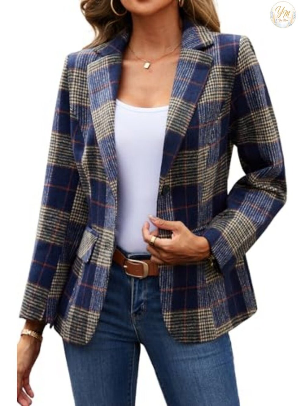 Women's Business Casual Plaid Suit Jacket Blazer